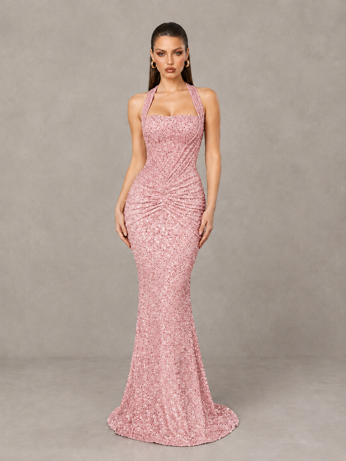 BOLODOO Blush Pink Sequin Halter Mermaid Evening Gown - Blush Pink - Blush Pink (1)