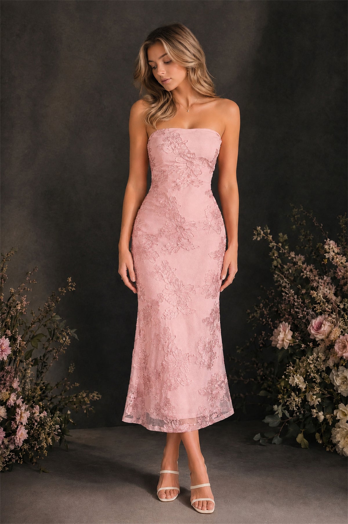BOLODOO Blush Pink Tonal Floral Embroidered Mesh Strapless Open Back Bodycon Midi Tea Length Dress - Blush Pink