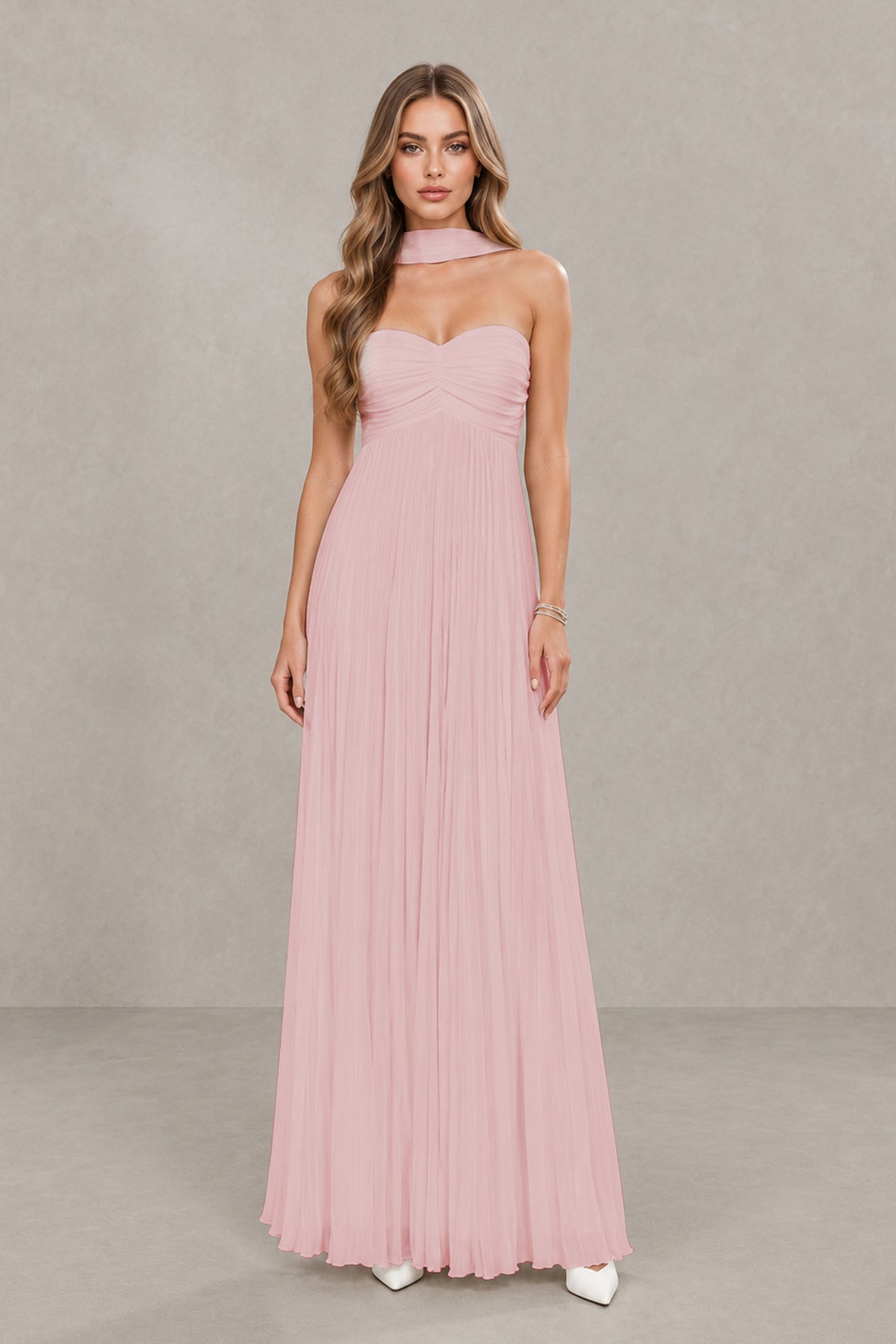BOLODOO Blush Pink Strapless Chiffon-Look Maxi Dress with Lace-Up Back & Cape - Blush Pink