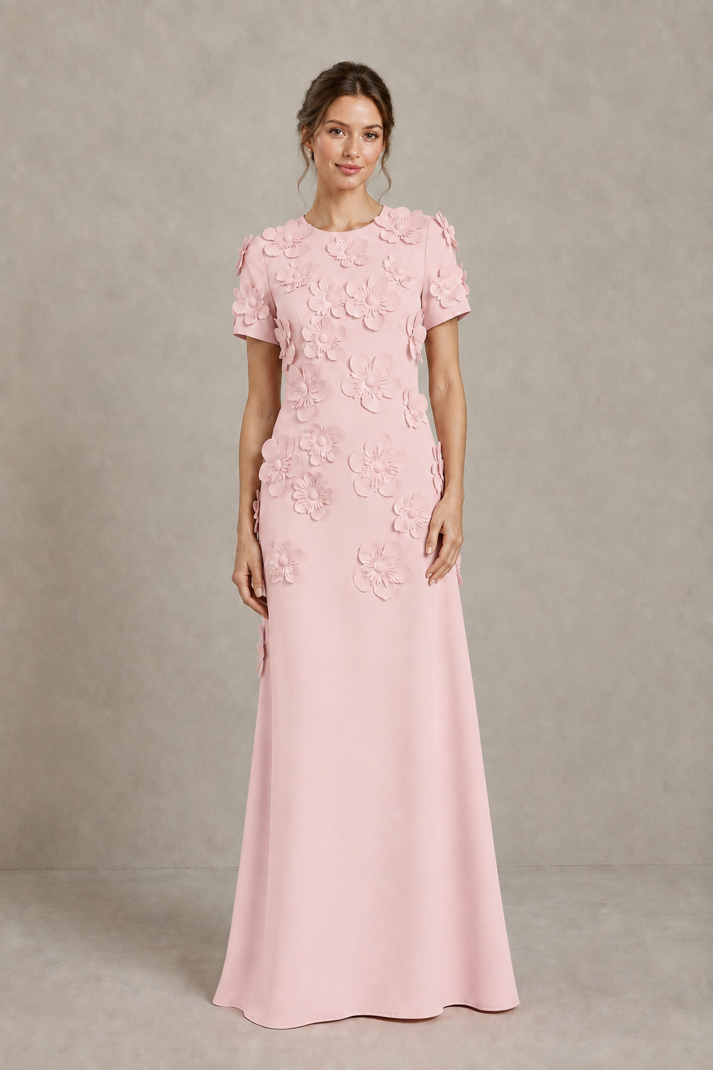 BOLODOO Blush Pink Textured Floral Maxi Dress with Short Sleeves - Blush Pink