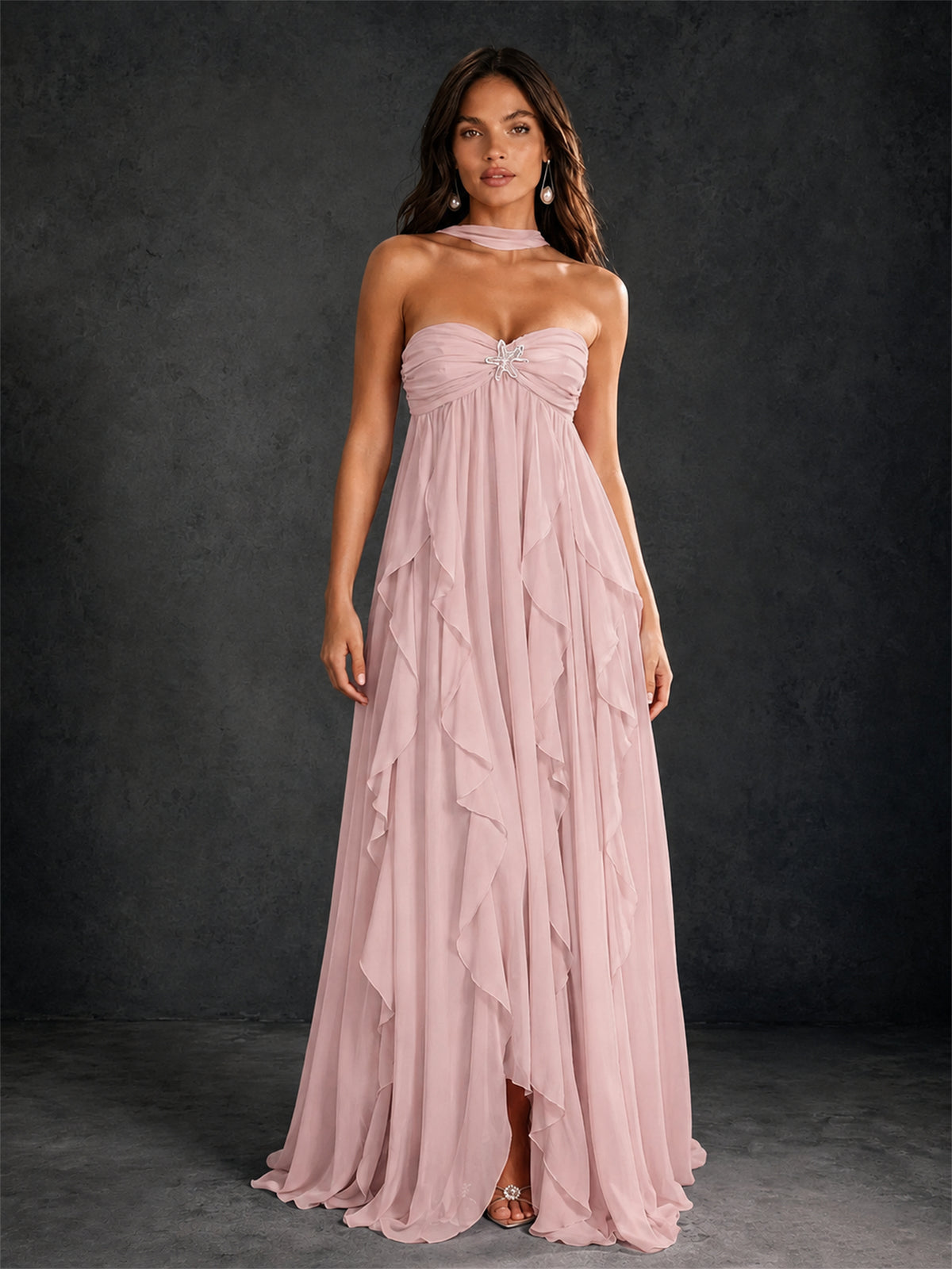 BOLODOO Blush Pink Halter Neck Cascading Ruffle Chiffon Maxi Dress | Keyhole Open Back - Blush Pink