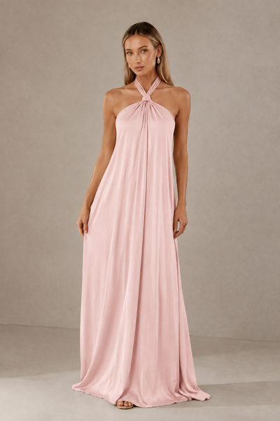 BOLODOO Blush Pink Backless Halter Satin Bridesmaid Dress - Blush Pink