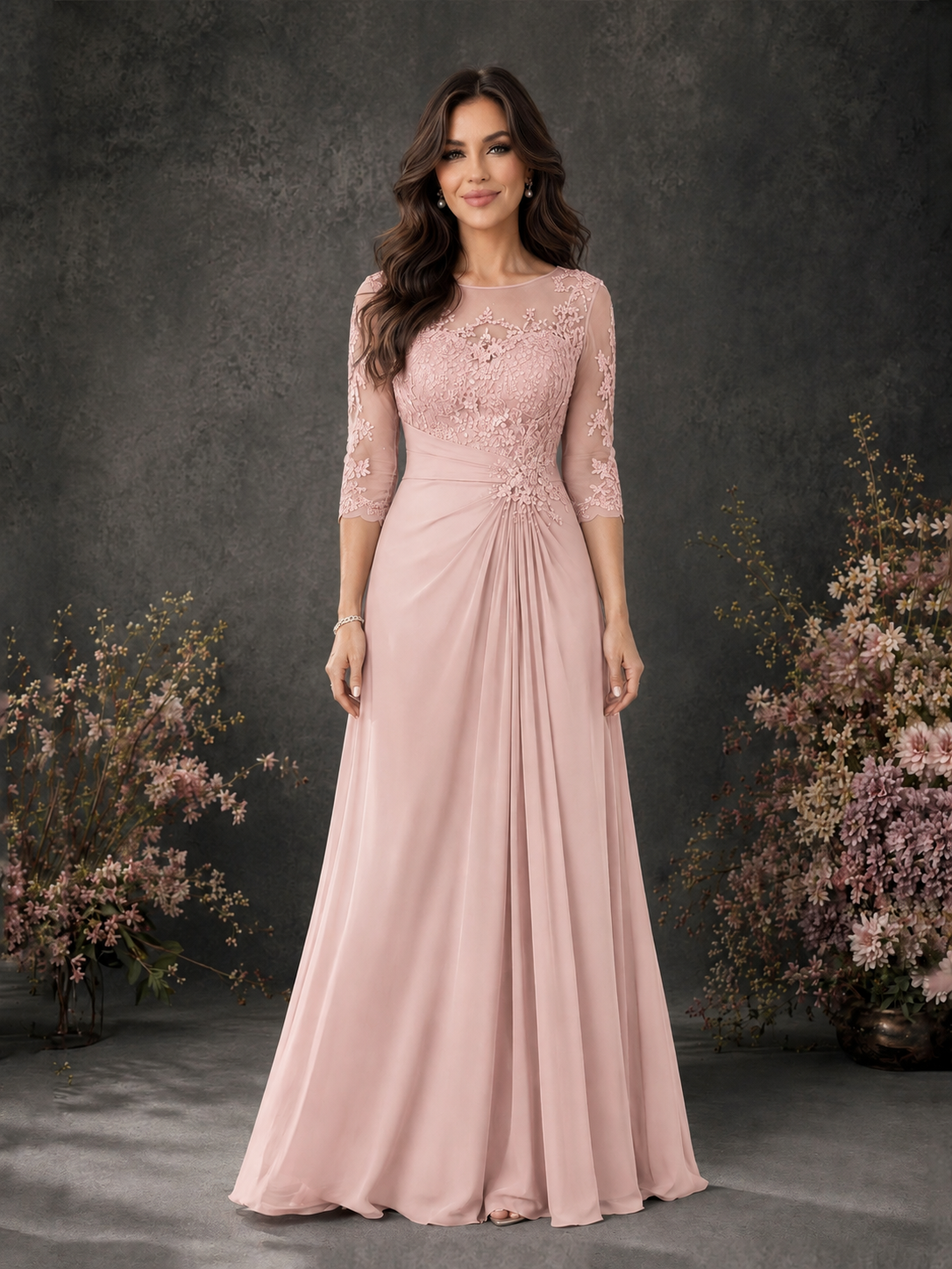BOLODOO Blush Pink Chiffon Lace Illusion Neckline 3/4 Sleeve Floor Length Formal Gown - Blush Pink