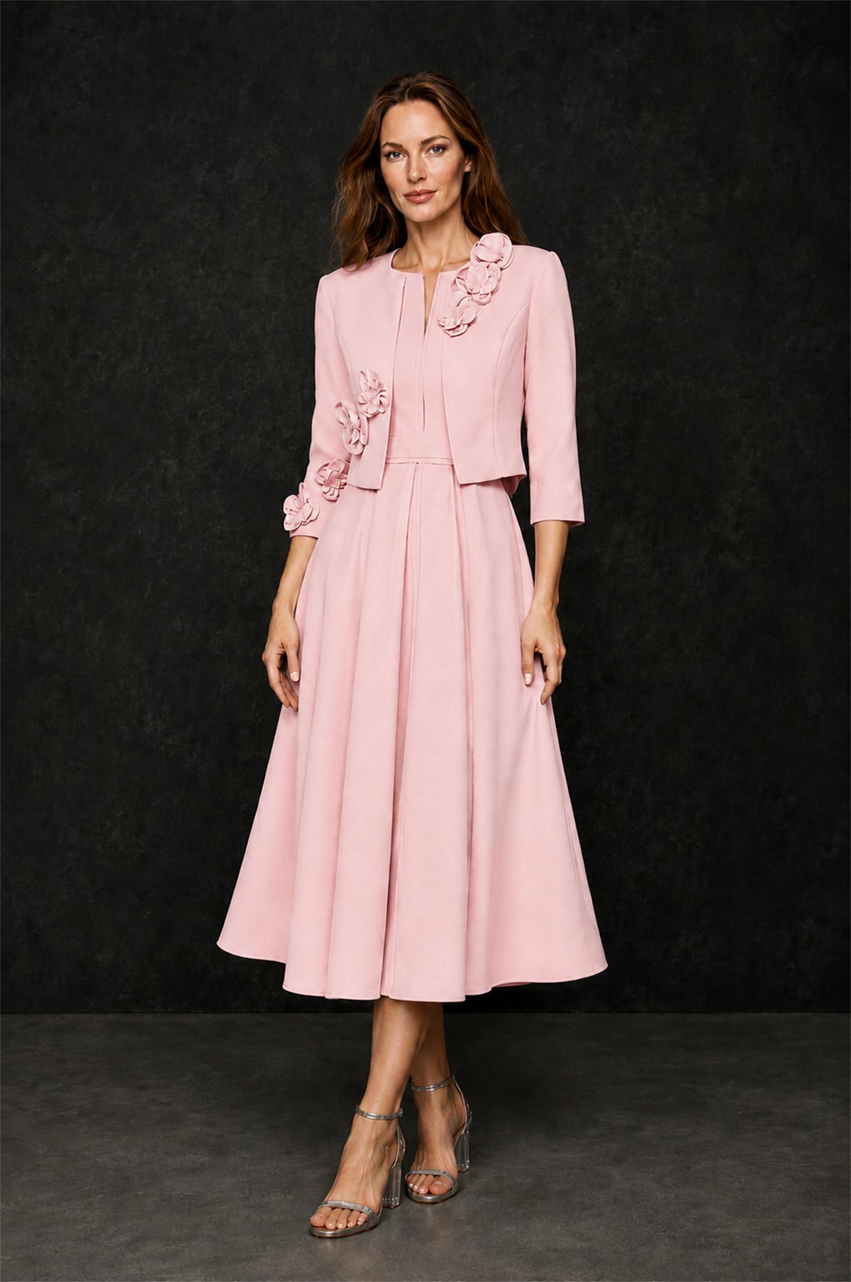 BOLODOO Blush Pink 3D Rosette Appliqué 3/4 Sleeve Jacket & V-Notch Sleeveless A-Line Tea-Length Two-Piece Dress Set - Blush Pink