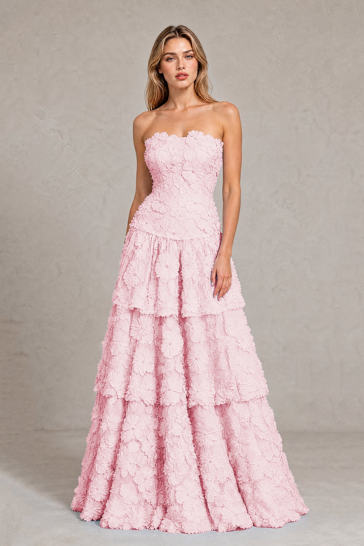 BOLODOO Blush Pink Strapless 3D Floral Tiered Evening Gown - Blush Pink