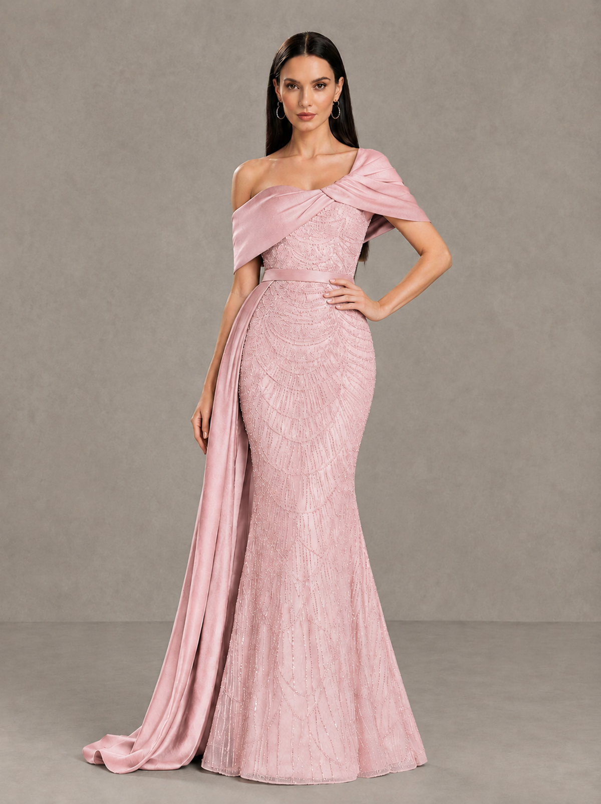 BOLODOO Blush Pink Asymmetric Draped Mermaid Evening Gown with Train - Blush Pink - Blush Pink (1)