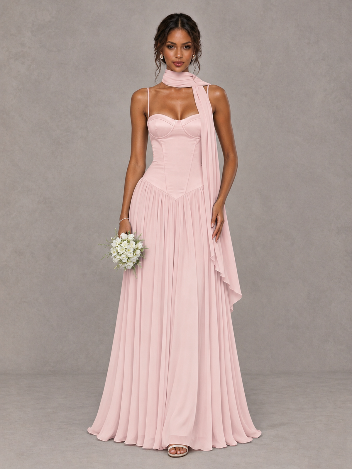BOLODOO Blush Pink Corset Bridesmaid Dress with Scarf - Blush Pink - Blush Pink (1)