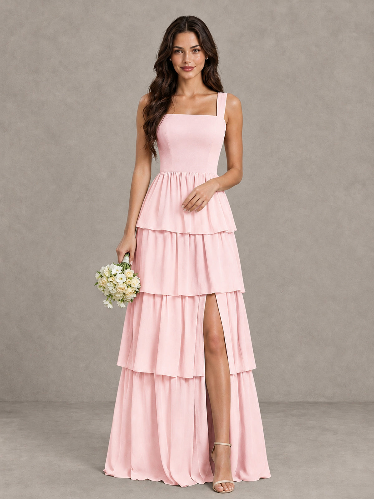 BOLODOO Blush Pink Square Neck Tiered Bridesmaid Dress with Slit - Blush Pink - Blush Pink (1)