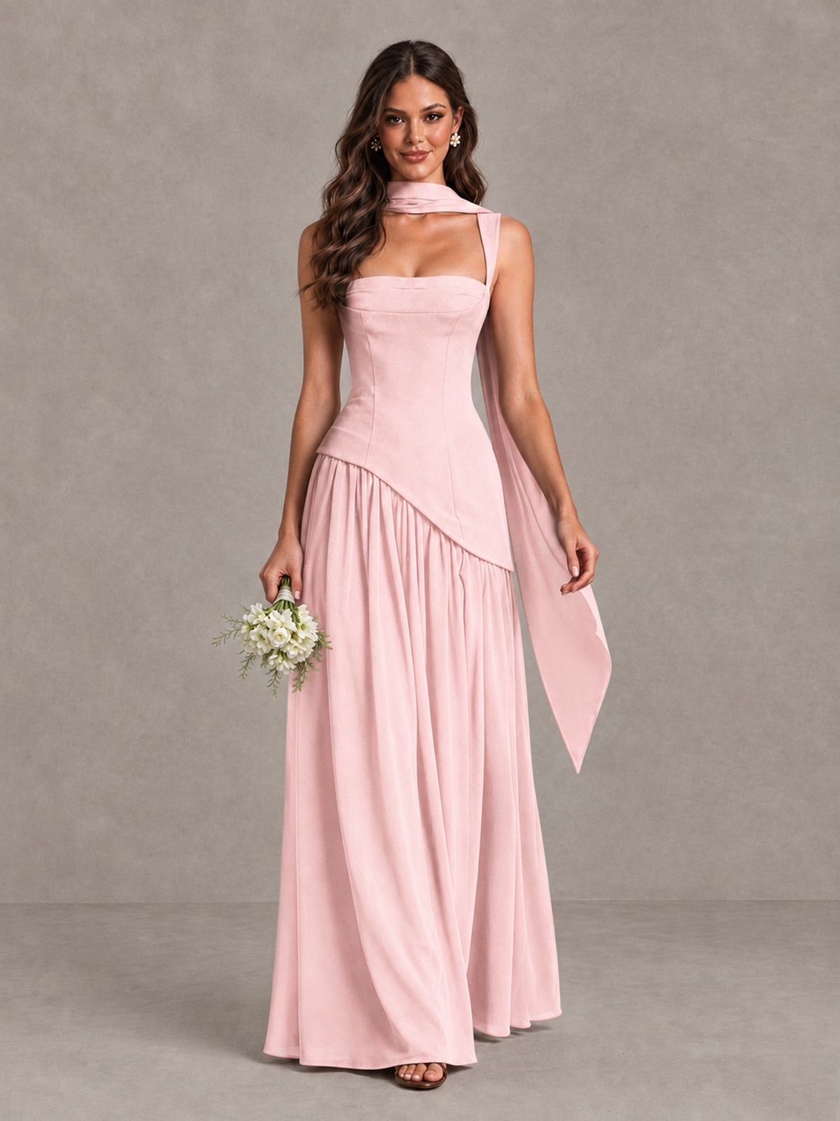 BOLODOO Blush Pink Brown Scarf Bridesmaid Dress with Lace-Up Back - Blush Pink - Blush Pink (1)