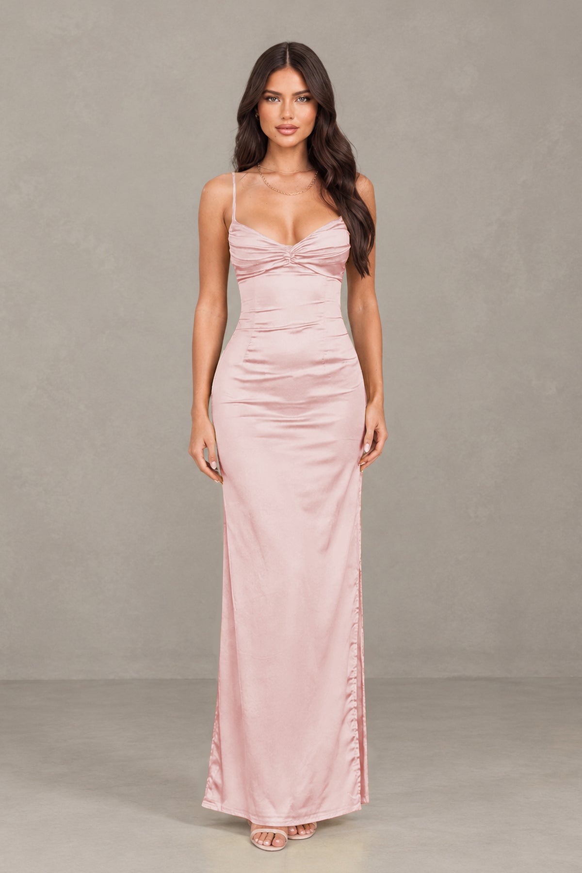 BOLODOO Blush Pink Satin Cowl Neck Open Back Mermaid Maxi Dress with Side Slit - Blush Pink