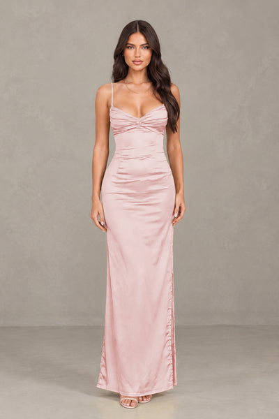 BOLODOO Blush Pink Satin Cowl Neck Open Back Mermaid Maxi Dress with Side Slit - Blush Pink