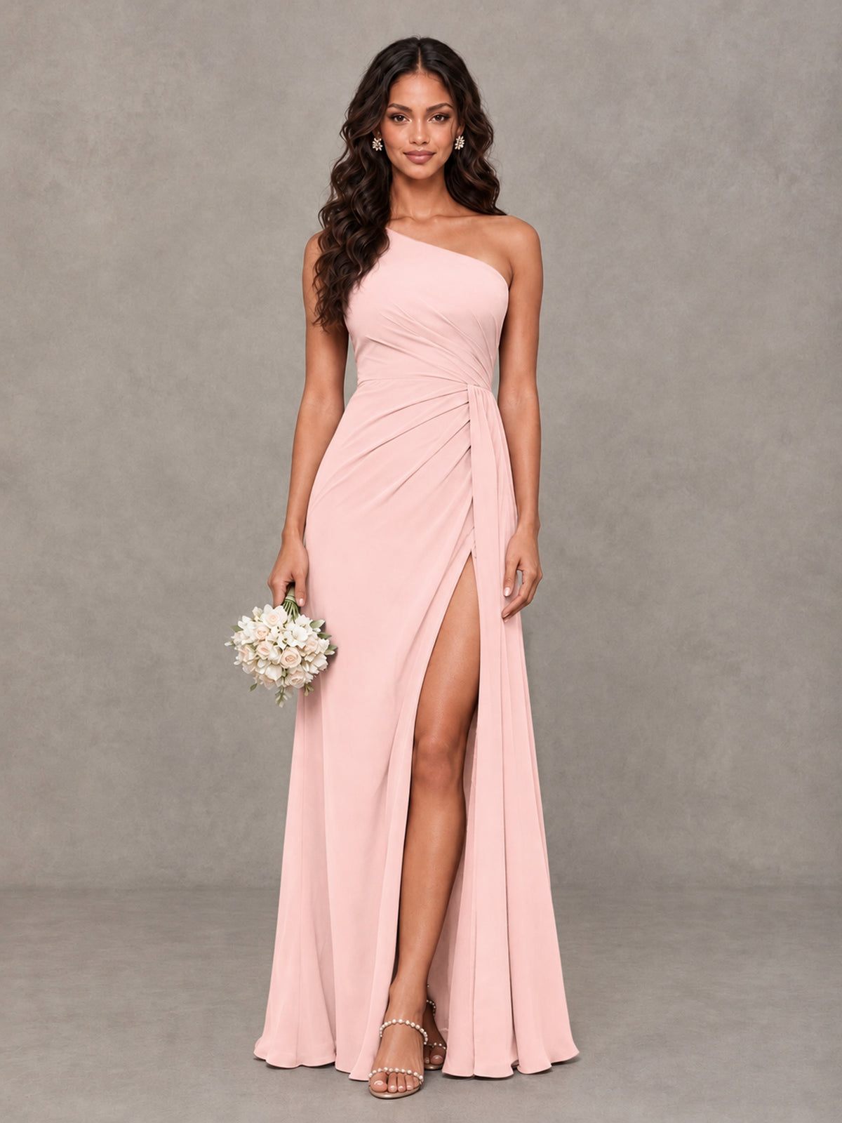 BOLODOO Blush Pink One-Shoulder Chiffon Bridesmaid Dress with Ruched Bodice & High Slit - Blush Pink - Blush Pink (1)