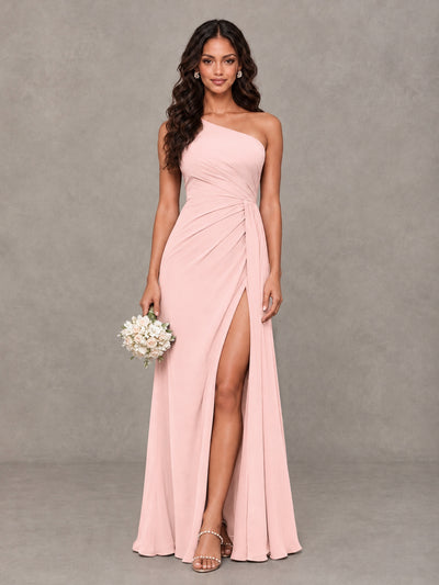 BOLODOO Blush Pink One-Shoulder Chiffon Bridesmaid Dress with Ruched Bodice & High Slit - Blush Pink - Blush Pink (1)