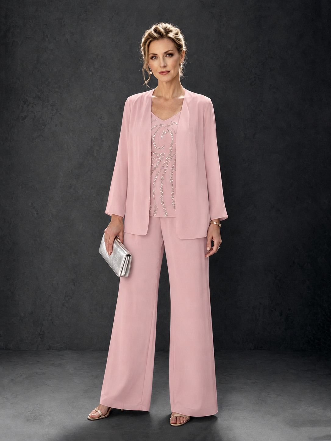 BOLODOO Blush Pink 3-Piece Mother of the Bride Pant Suit with Beaded Top & Chiffon Jacket - Blush Pink