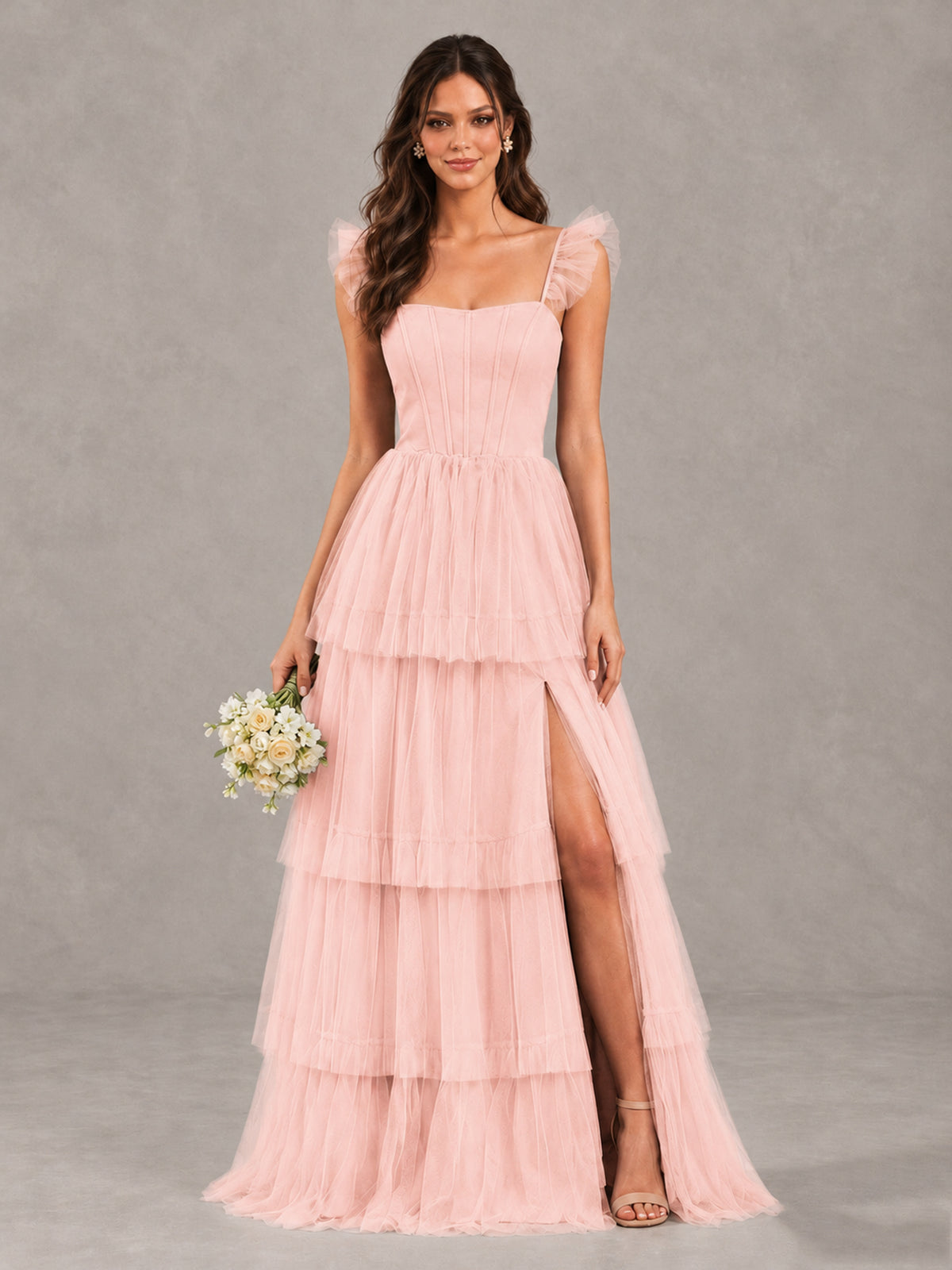 BOLODOO Blush Pink Tiered Tulle Bridesmaid Dress with Slit - Blush Pink - Blush Pink (1)