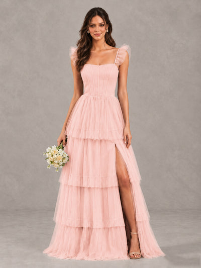 BOLODOO Blush Pink Tiered Tulle Bridesmaid Dress with Slit - Blush Pink - Blush Pink (1)