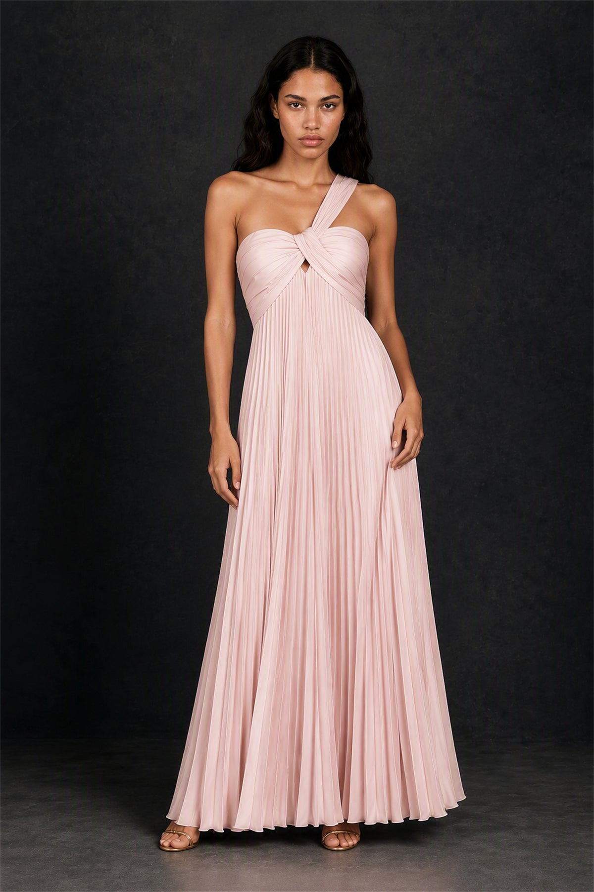 BOLODOO Blush Pink One-Shoulder Twist Knot Pleated Satin Midi Dress with Cutout - Blush Pink