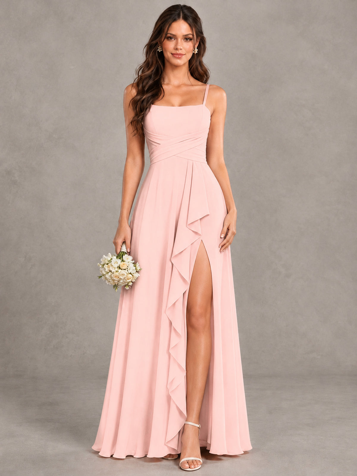 BOLODOO Blush Pink Spaghetti Strap Ruffle Bridesmaid Dress with Slit - Blush Pink - Blush Pink (1)
