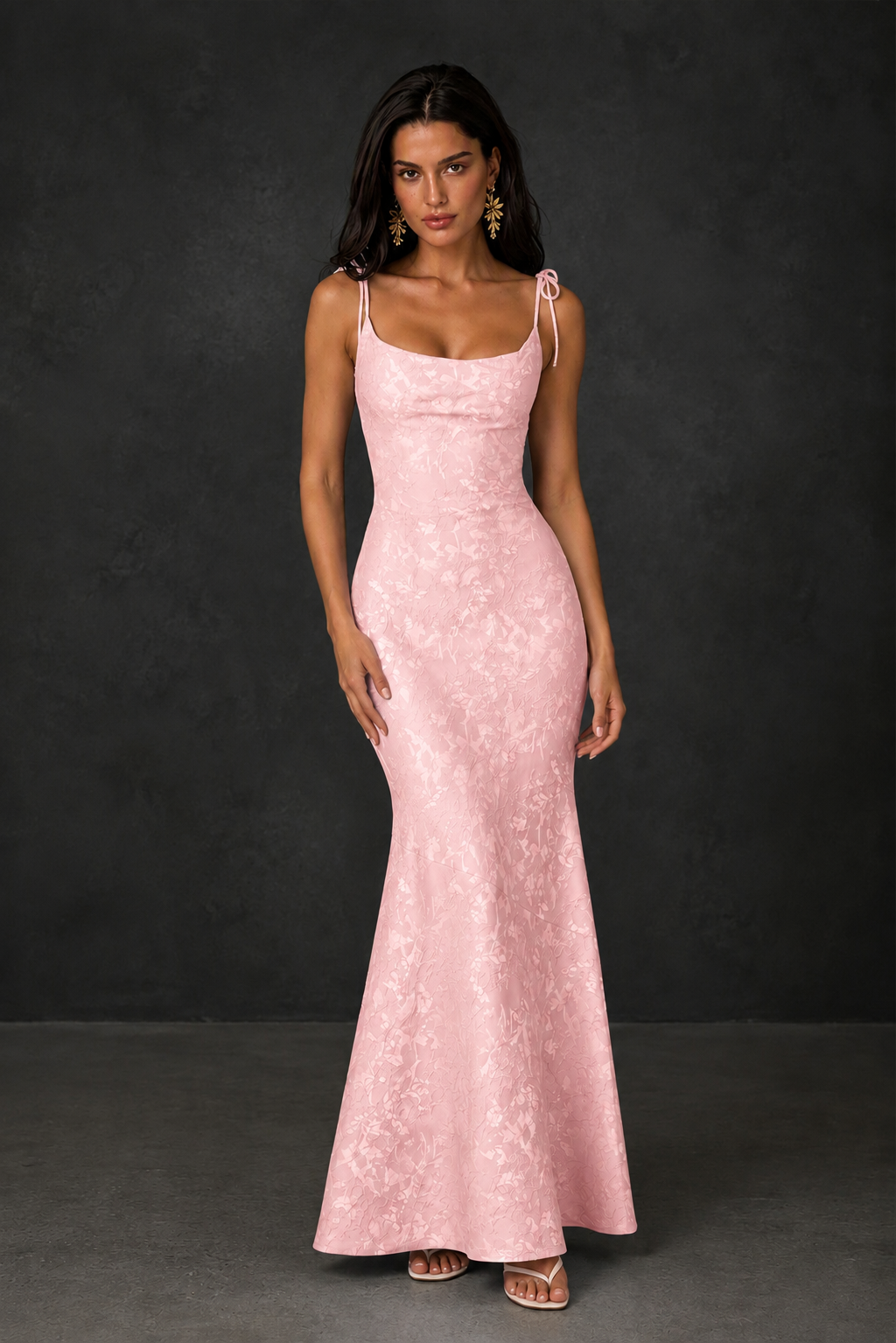 BOLODOO Blush Pink Scoop Neck Tie Strap Lace-Up Back Floral Jacquard Mermaid Maxi Dress - Blush Pink