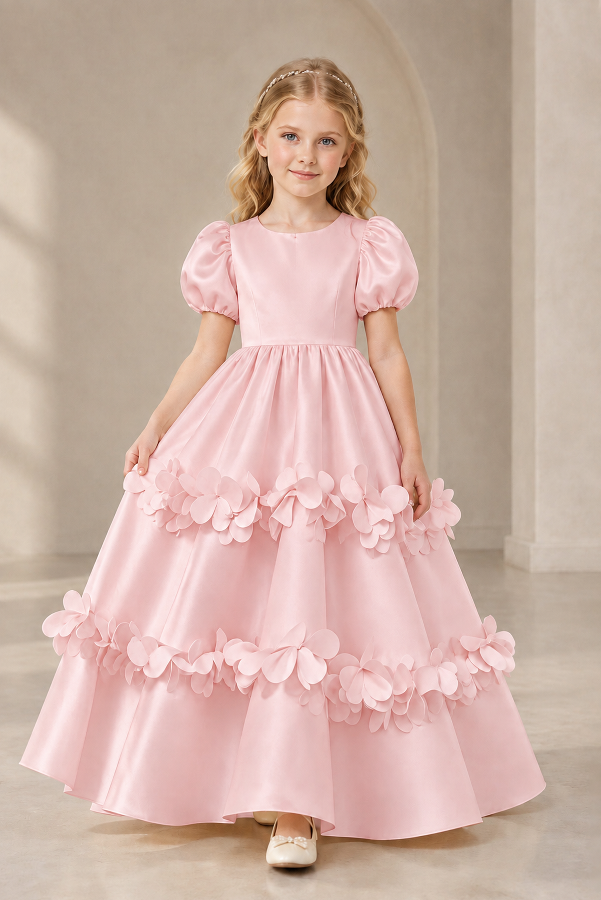 BOLODOO Blush Pink Satin Flower Girl Dress with Floral Appliques - Blush Pink