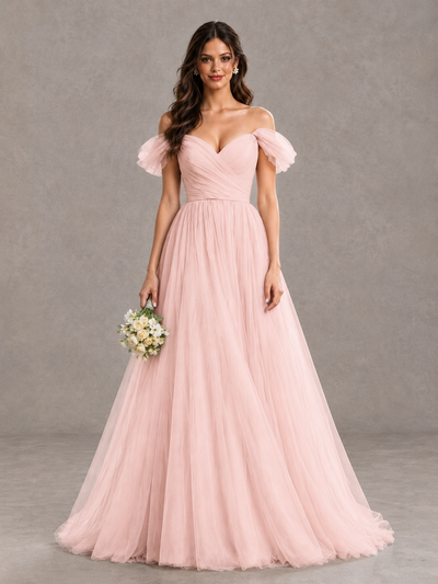 BOLODOO Blush Pink Off-the-Shoulder Ruffle Sleeve A-Line Bridesmaid Dress - Blush Pink - Blush Pink (1)