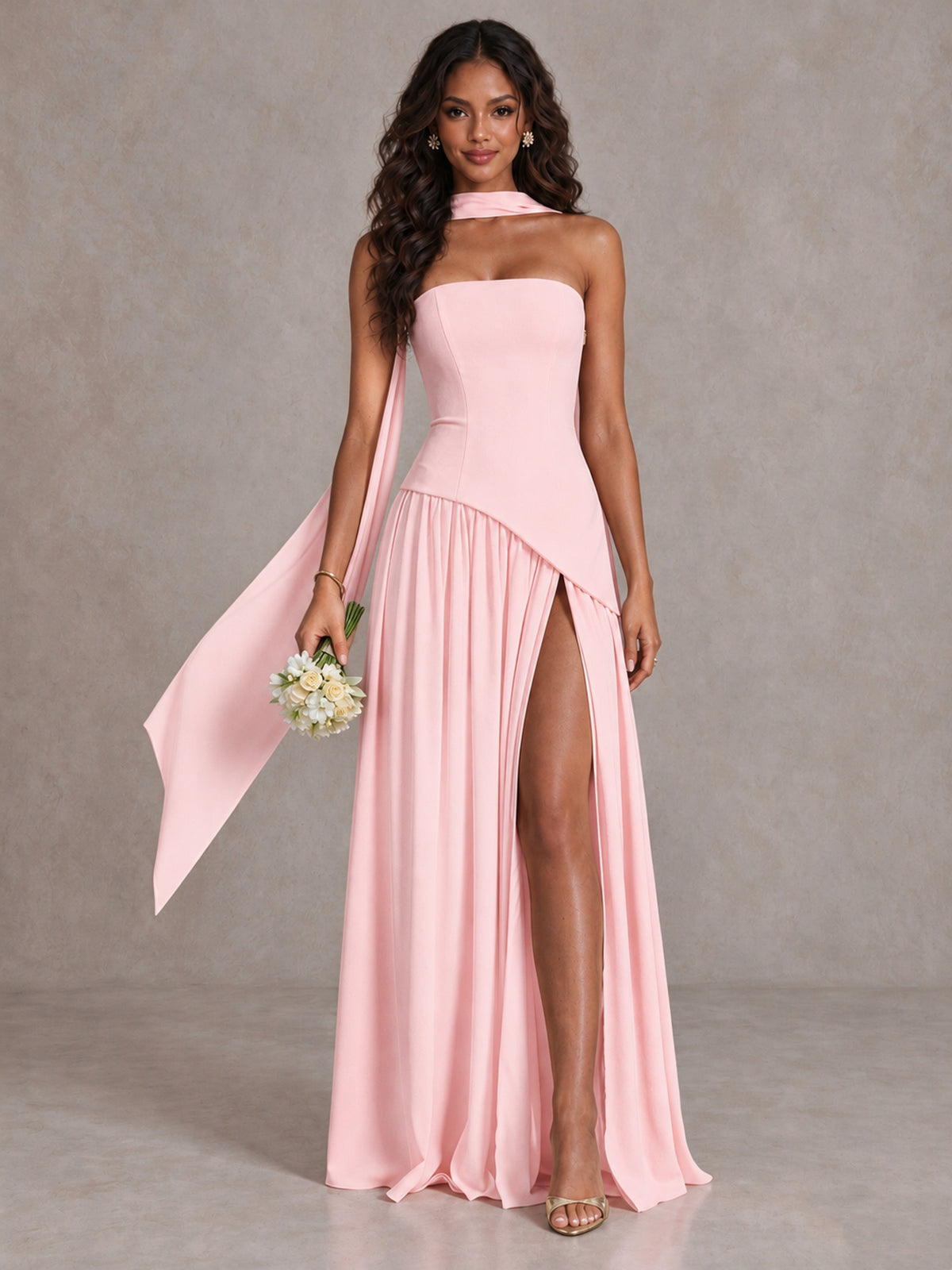 Blush Pink Strapless Bridesmaid Dress with Scarf & High Slit - Blush Pink - Blush Pink (1)