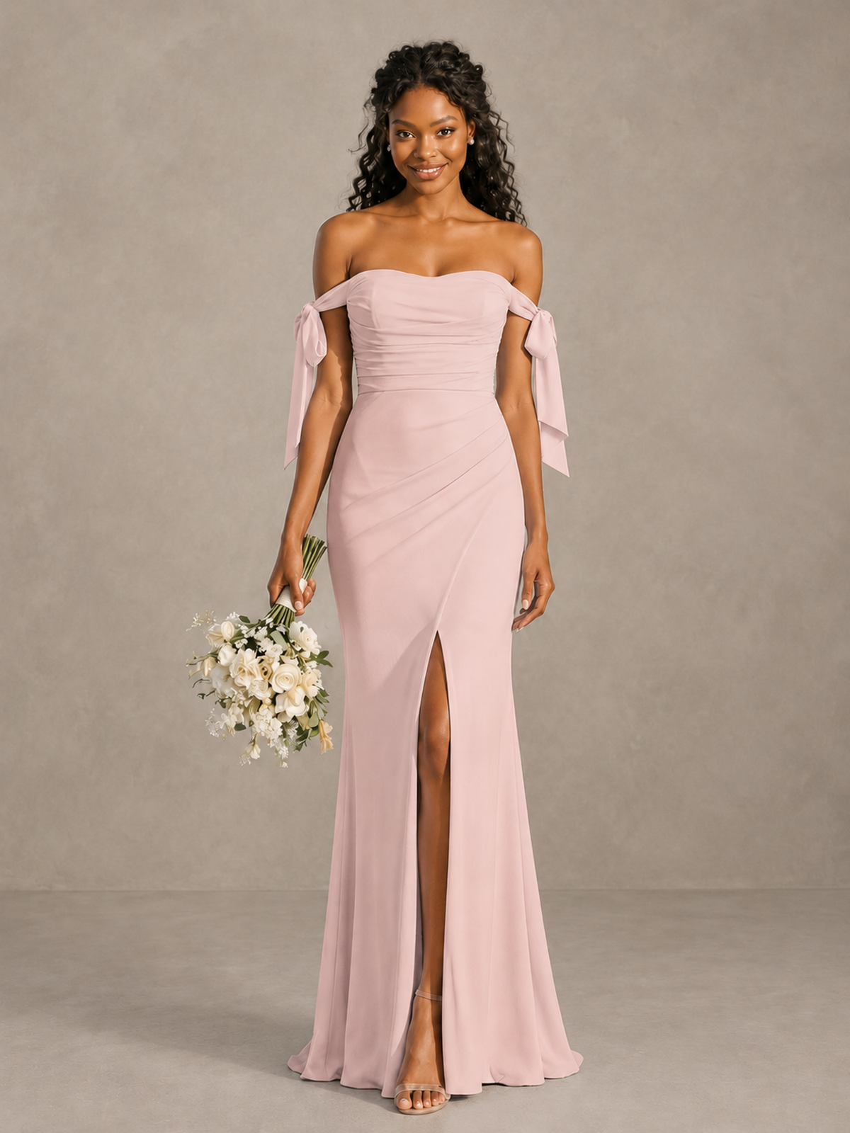 Blush Pink Off-Shoulder Bow Bridesmaid Dress with Slit - Blush Pink - Blush Pink (1)