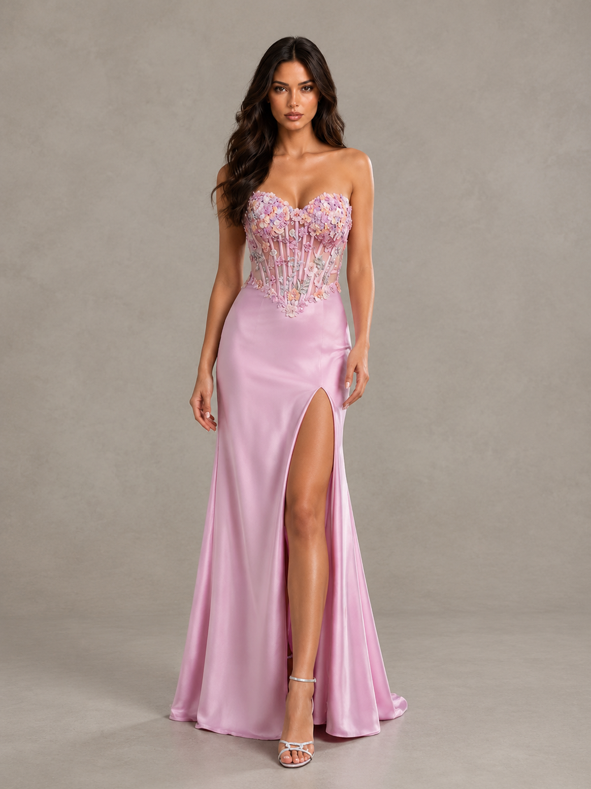 Blush Pink Strapless Floral Applique Prom Dress with High Slit - Blush Pink - Blush Pink (1)