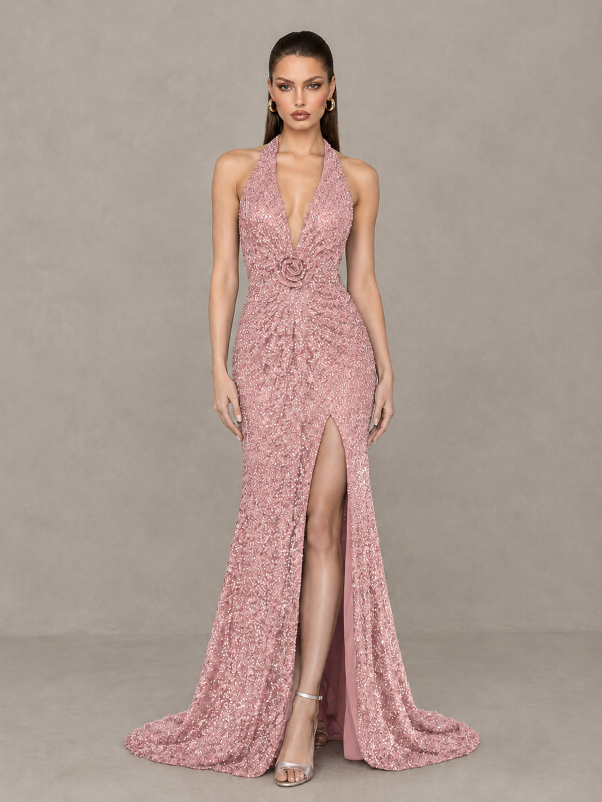 BOLODOO Blush Pink Sequin Halter Open Back Evening Gown with High Slit - Blush Pink - Blush Pink (1)