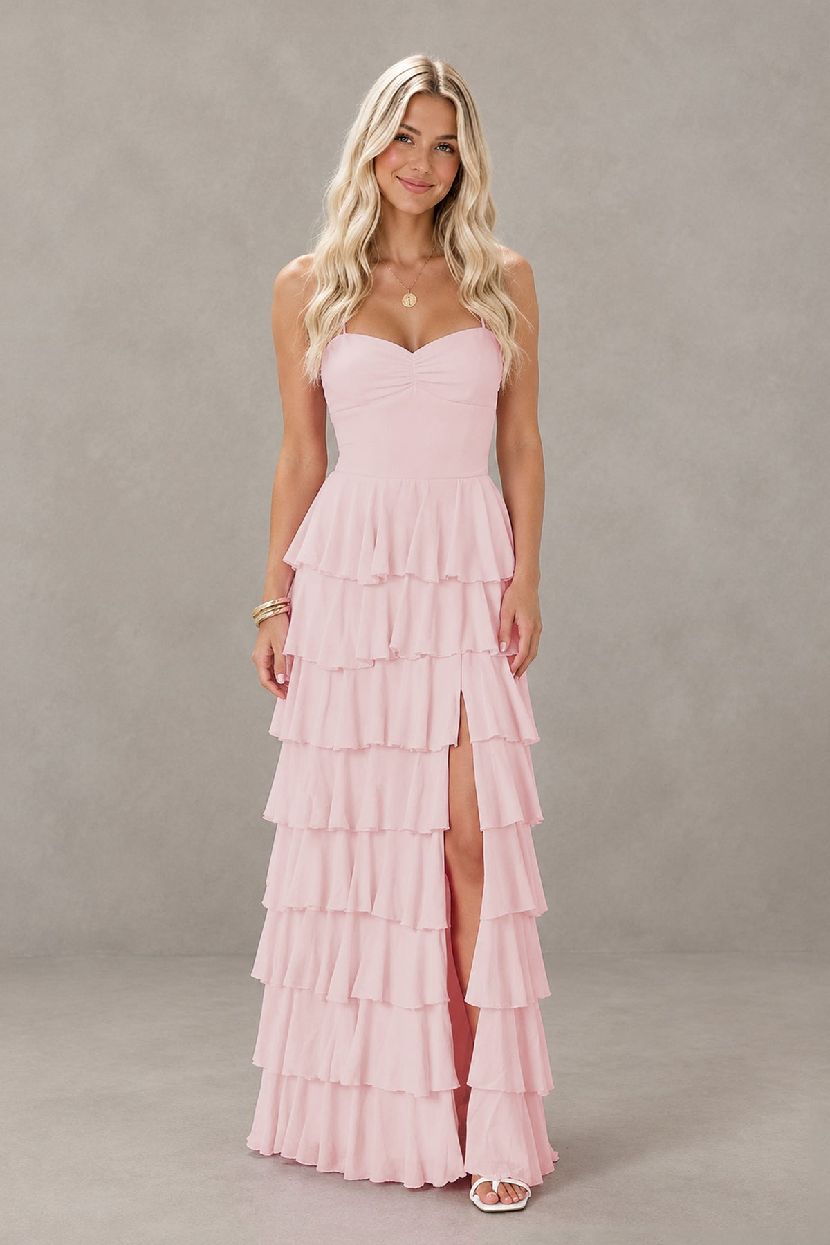 BOLODOO Blush Pink Strapless Tiered Ruffle Maxi Dress with Slit & Lace-Up Back - Blush Pink