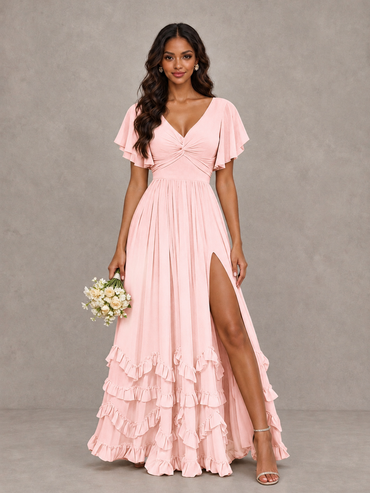BOLODOO Blush Pink V-Neck Flutter Sleeve Ruffle Bridesmaid Dress with Slit - Blush Pink - Blush Pink (1)