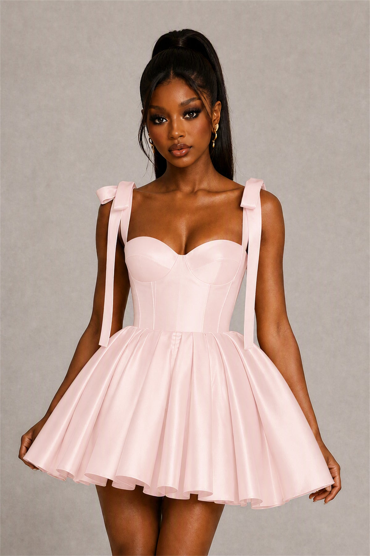 BOLODOO Blush Pink Satin Sweetheart Corset Bow Strap Lace-Up Open Back Full Skirt Mini Dress | Prom Cocktail Party Dress - Blush Pink