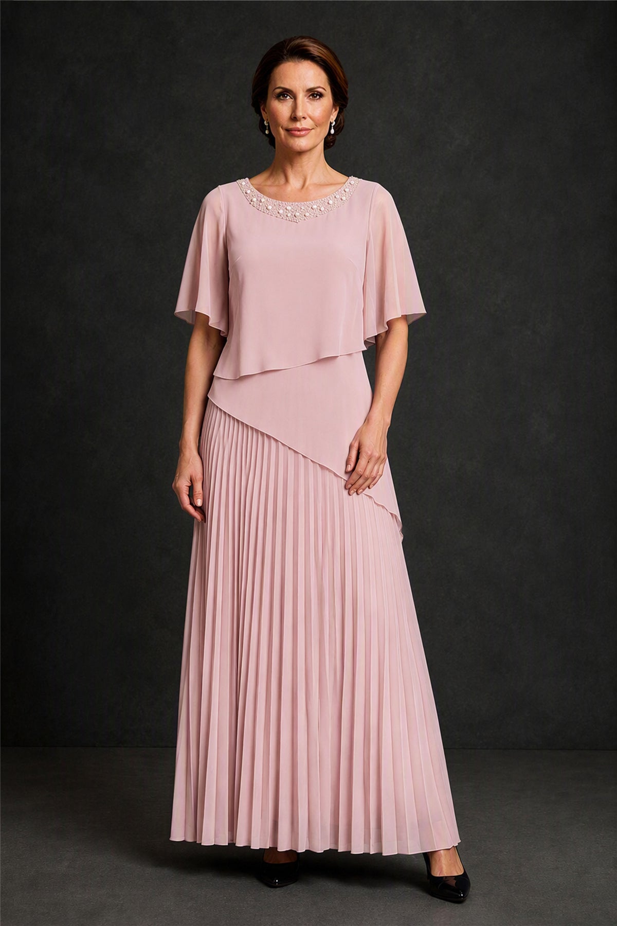 BOLODOO Blush Pink Pearl Beaded Neck Asymmetric Tiered Flutter Sleeve Pleated Chiffon Maxi Dress - Blush Pink
