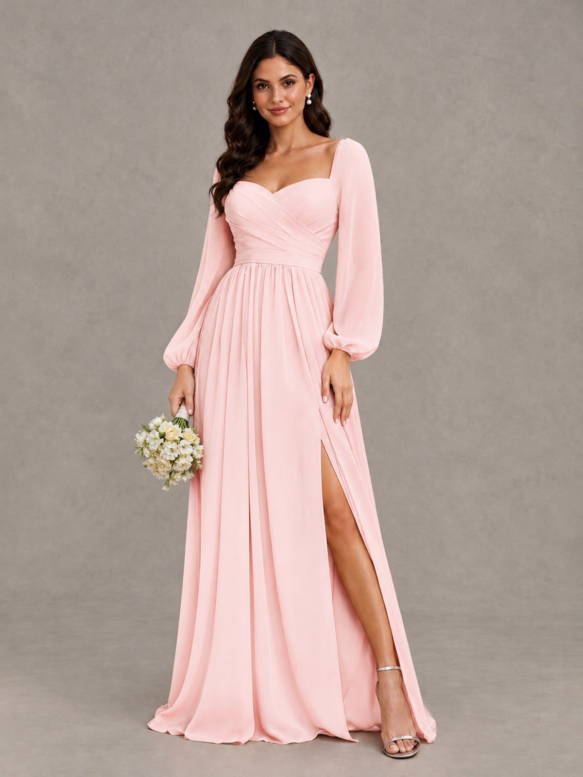 BOLODOO Blush Pink Long Sleeve Chiffon Bridesmaid Dress with Slit - Blush Pink - Blush Pink (1)