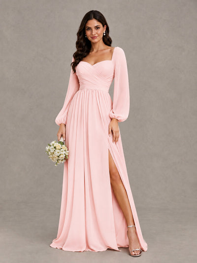 BOLODOO Blush Pink Long Sleeve Chiffon Bridesmaid Dress with Slit - Blush Pink - Blush Pink (1)