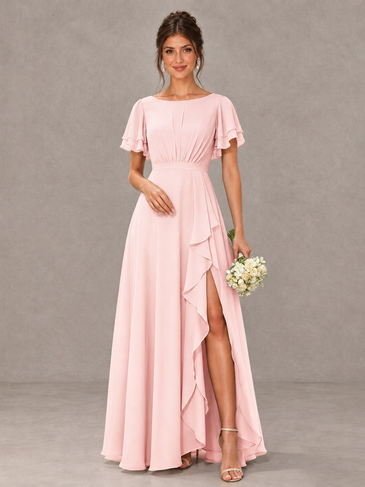 BOLODOO Blush Pink Flutter Sleeve Ruffle Bridesmaid Dress with Slit - Blush Pink - Blush Pink (1)