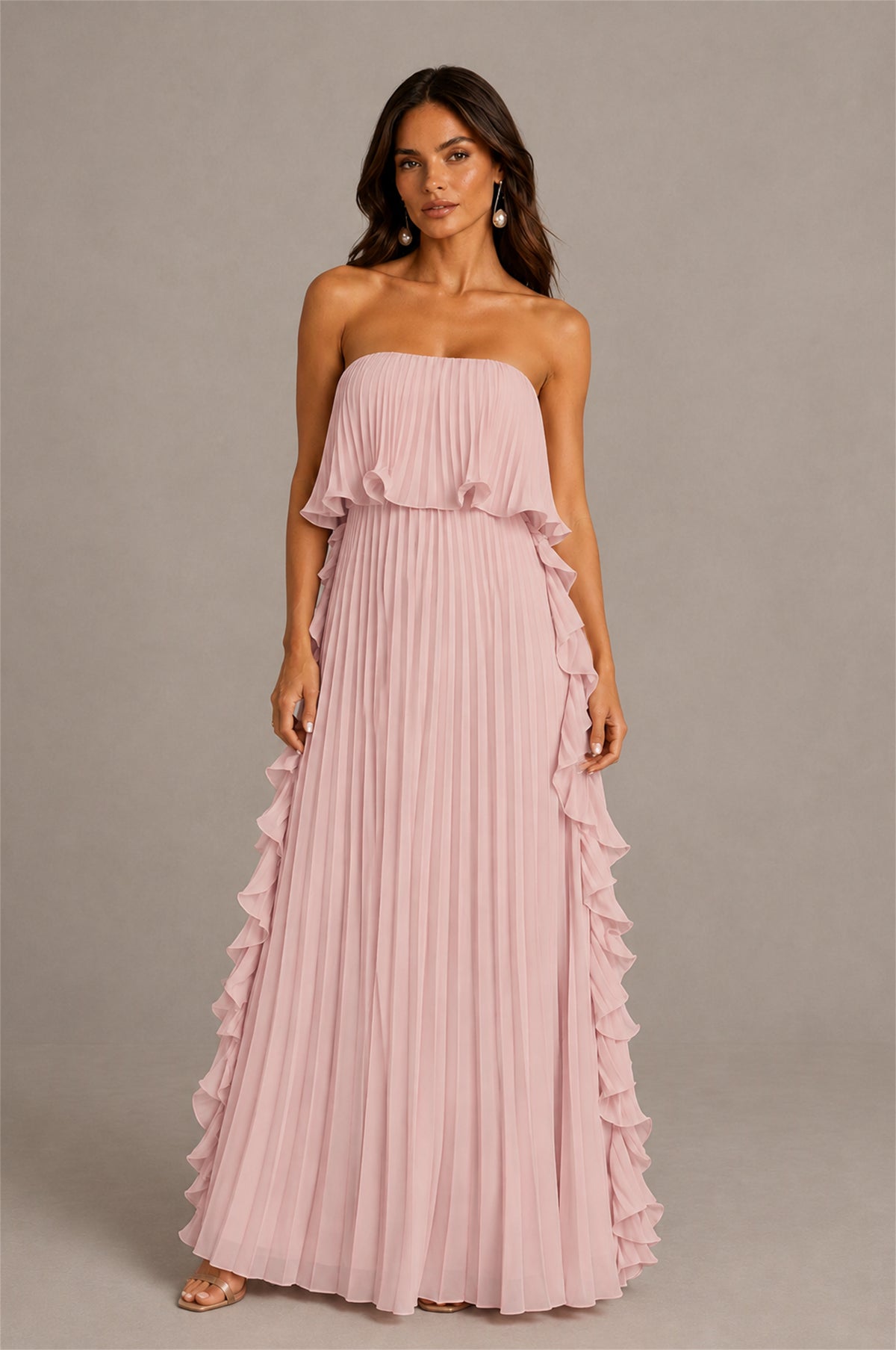 BOLODOO Blush Pink Strapless Ruffle Bodice Dual Cascading Ruffle Accordion Pleated Chiffon Maxi Dress - Blush Pink