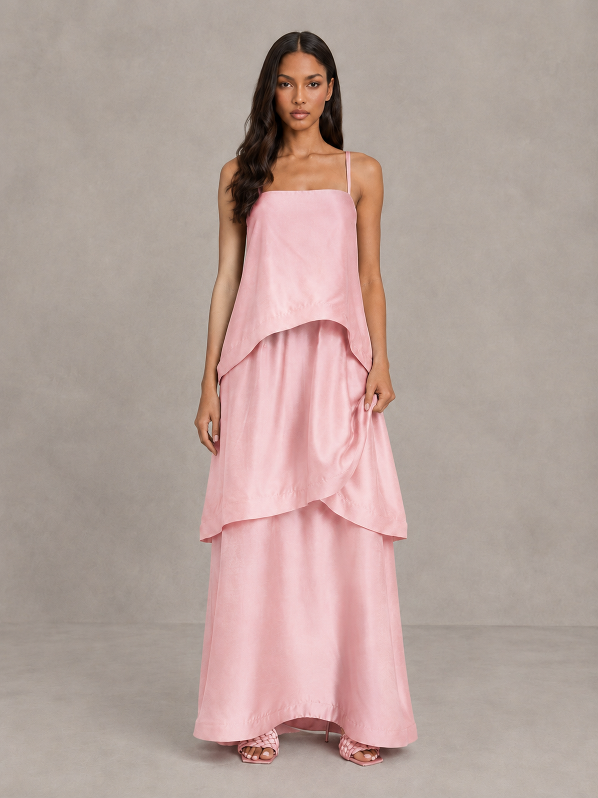 BOLODOO Blush Pink Satin Tiered Maxi Dress with Spaghetti Straps - Blush Pink