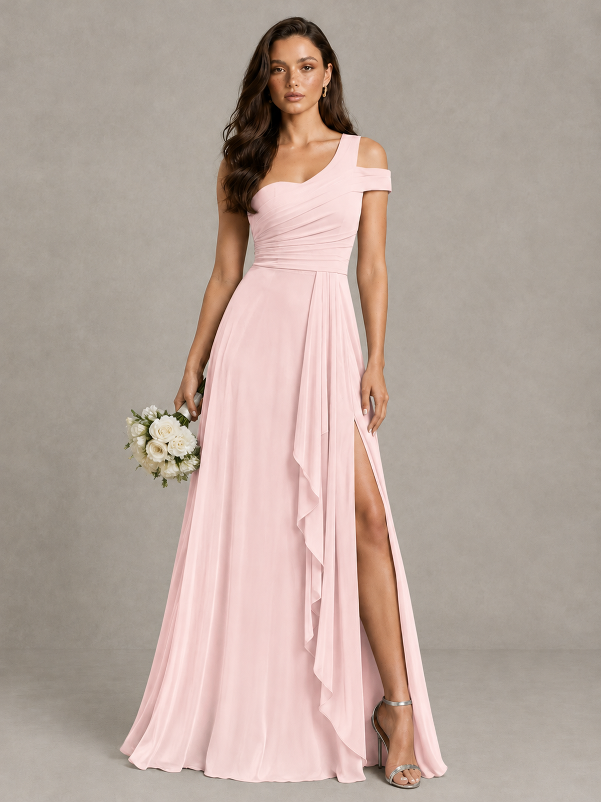 BOLODOO Blush Pink One-Shoulder Bridesmaid Dress with Side Slit - Blush Pink - Blush Pink (1)