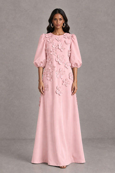 BOLODOO Blush Pink Floral Applique Puff Sleeve A-Line Evening Dress - Blush Pink - Blush Pink (1)