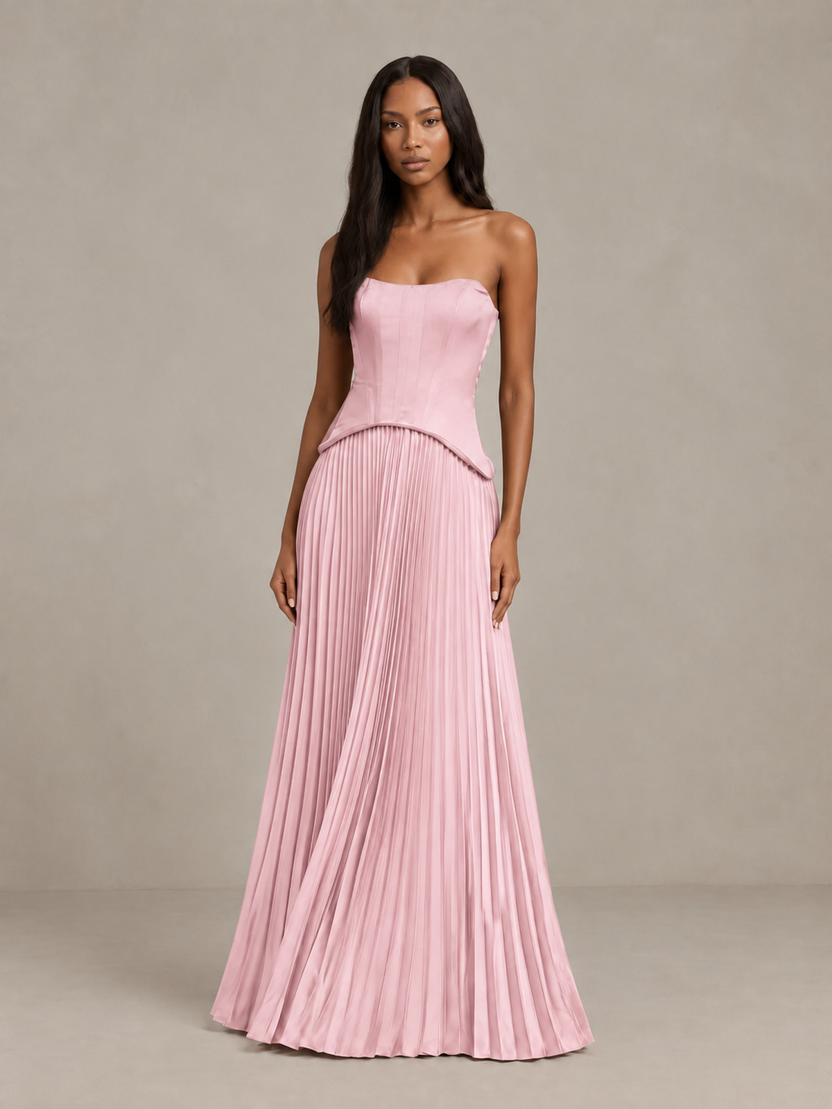 BOLODOO Blush Pink Strapless Pleated Satin Evening Prom Dress - Blush Pink