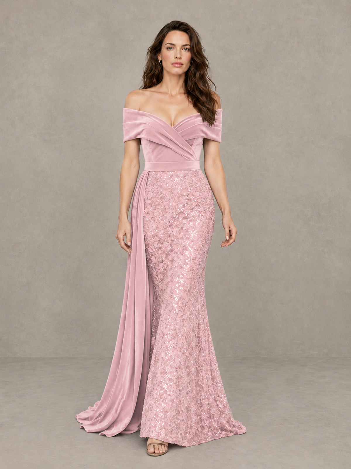 BOLODOO Blush Pink Off-Shoulder Velvet & Sequin Evening Gown with Side Train - Blush Pink - Blush Pink (1)