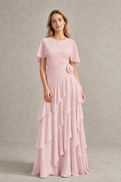 BOLODOO Blush Pink Chiffon Flutter Sleeve Tiered Maxi Dress with 3D Rosette - Blush Pink
