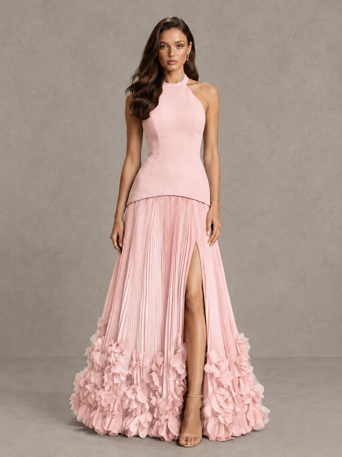 BOLODOO Blush Pink Halter Neck Floor-Length Evening Gown with High Slit & 3D Floral Hem - Blush Pink - Blush Pink (1)