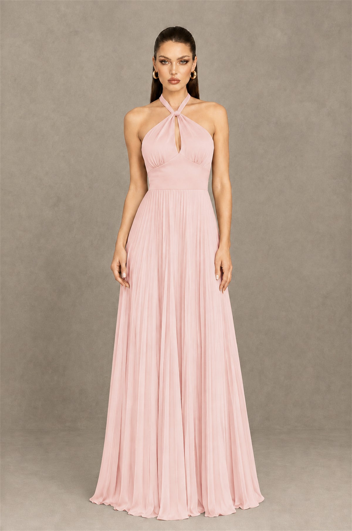 BOLODOO Blush Pink Halter Pleated A-Line Evening Dress - Blush Pink