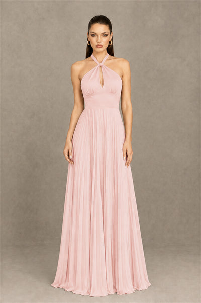 BOLODOO Blush Pink Halter Pleated A-Line Evening Dress - Blush Pink