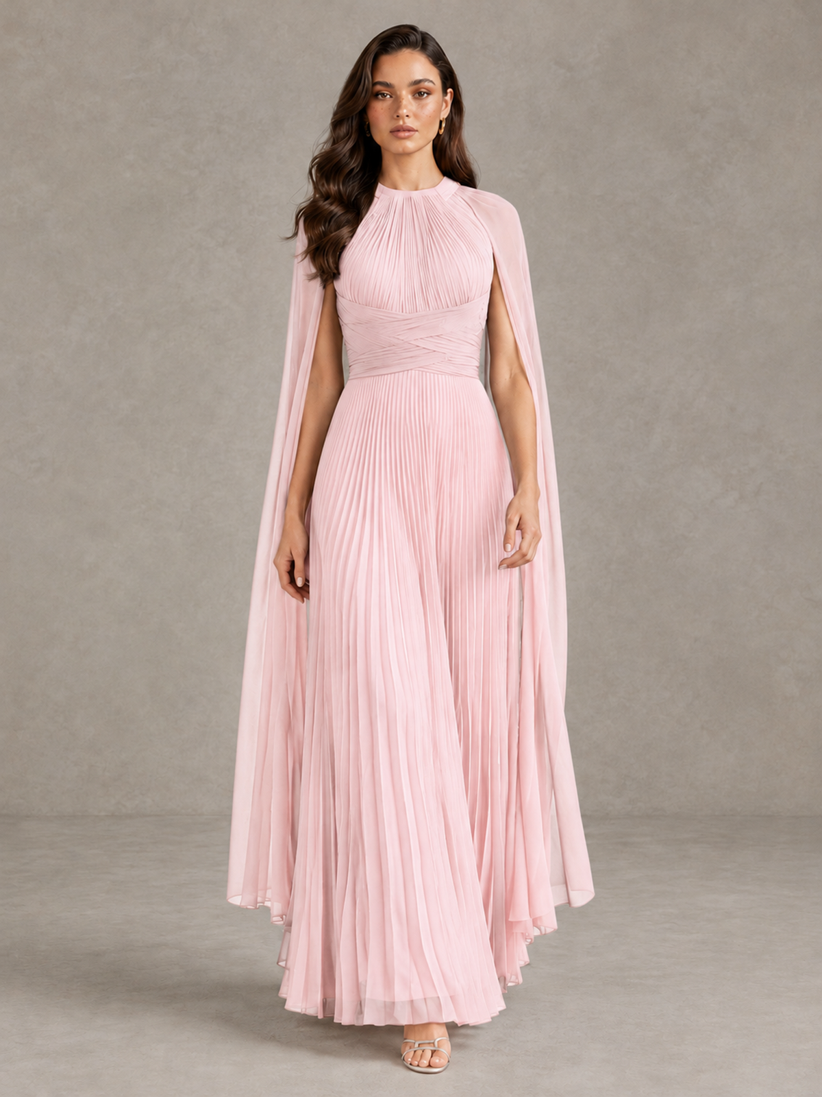BOLODOO Blush Pink Pleated Cape Maxi Wedding Guest Dress - Blush Pink - Blush Pink (1)