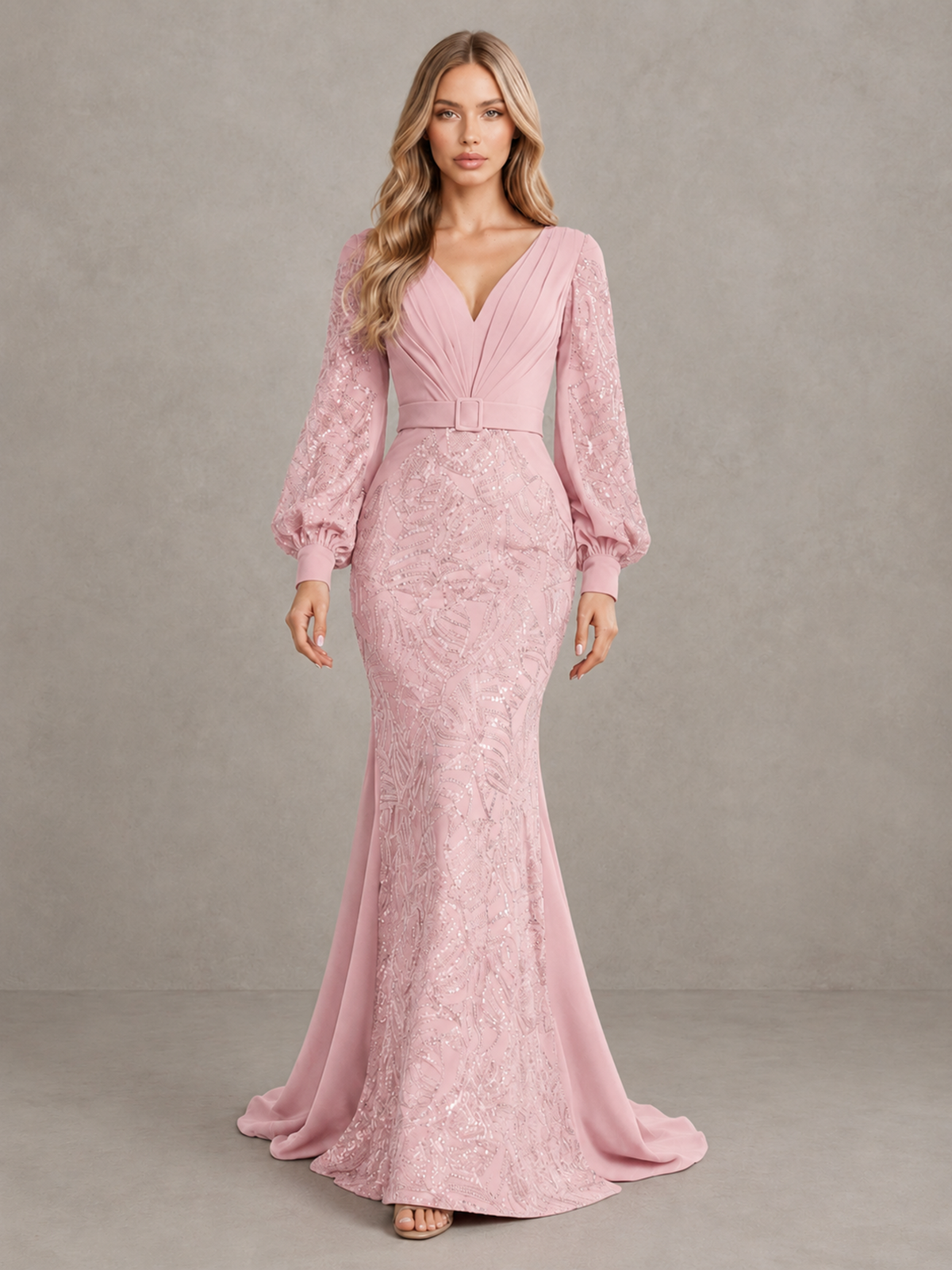 BOLODOO Blush Pink Sequin Long Bishop Sleeve Mermaid Evening Dress - Blush Pink - Blush Pink (1)