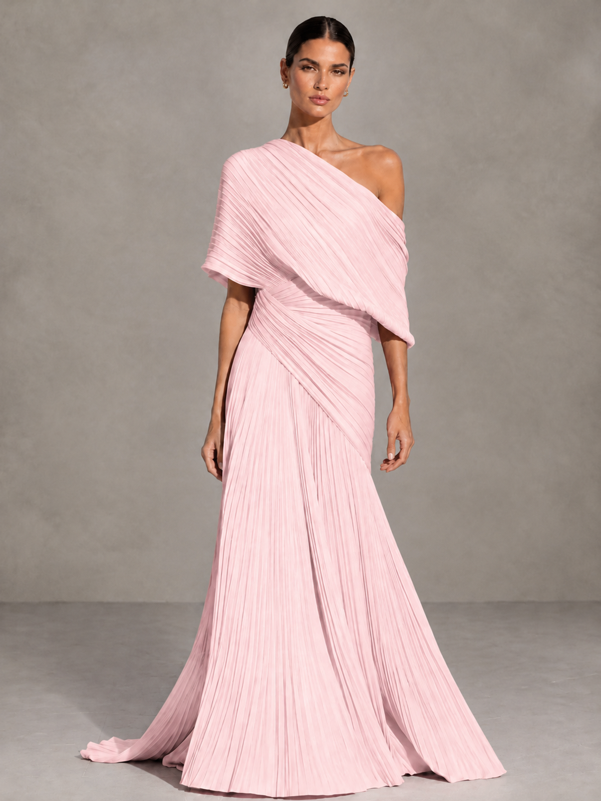 BOLODOO Blush Pink One-Shoulder Pleated Cape Evening Gown with Train - Blush Pink - Blush Pink (1)