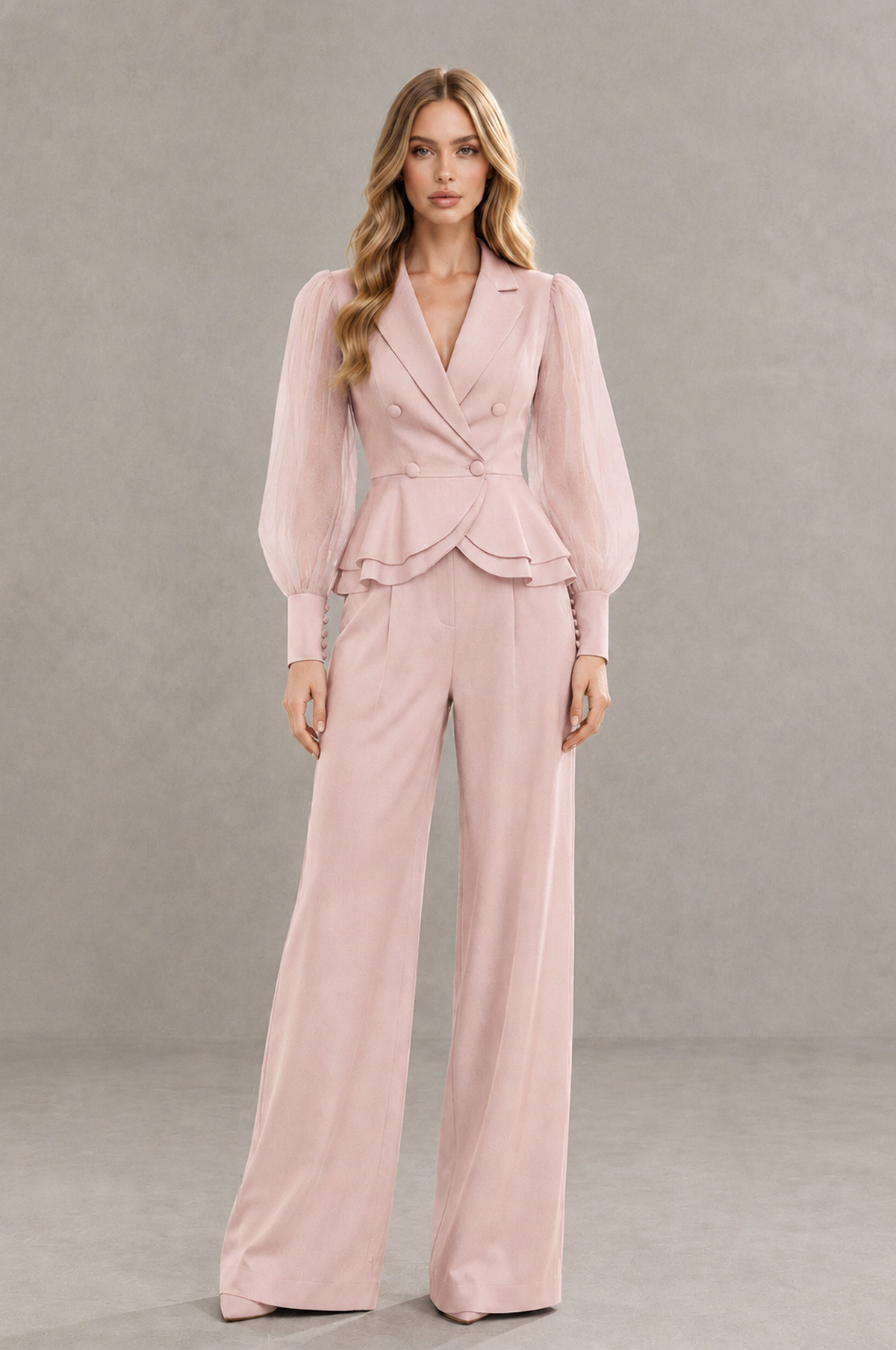BOLODOO Mint Blush Pink Peplum Blazer Wide-Leg Pantsuit with Sheer Puff Sleeves - Blush Pink
